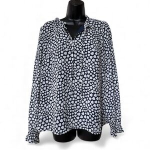 J. Crew Factory antique navy Blue Ivory Long-sleeve tie-neck ruffle top hearts M